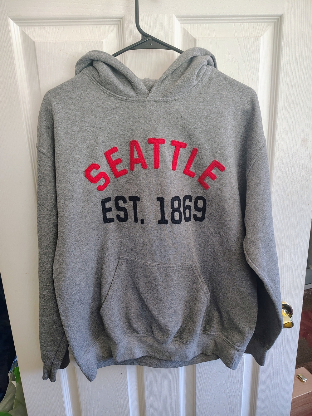 Gildan Gray Pullover Hoodie with Red SEATTLE and Black EST. 1869